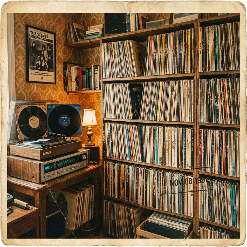 Room with shelves full of vinyl records and a turntable playing records