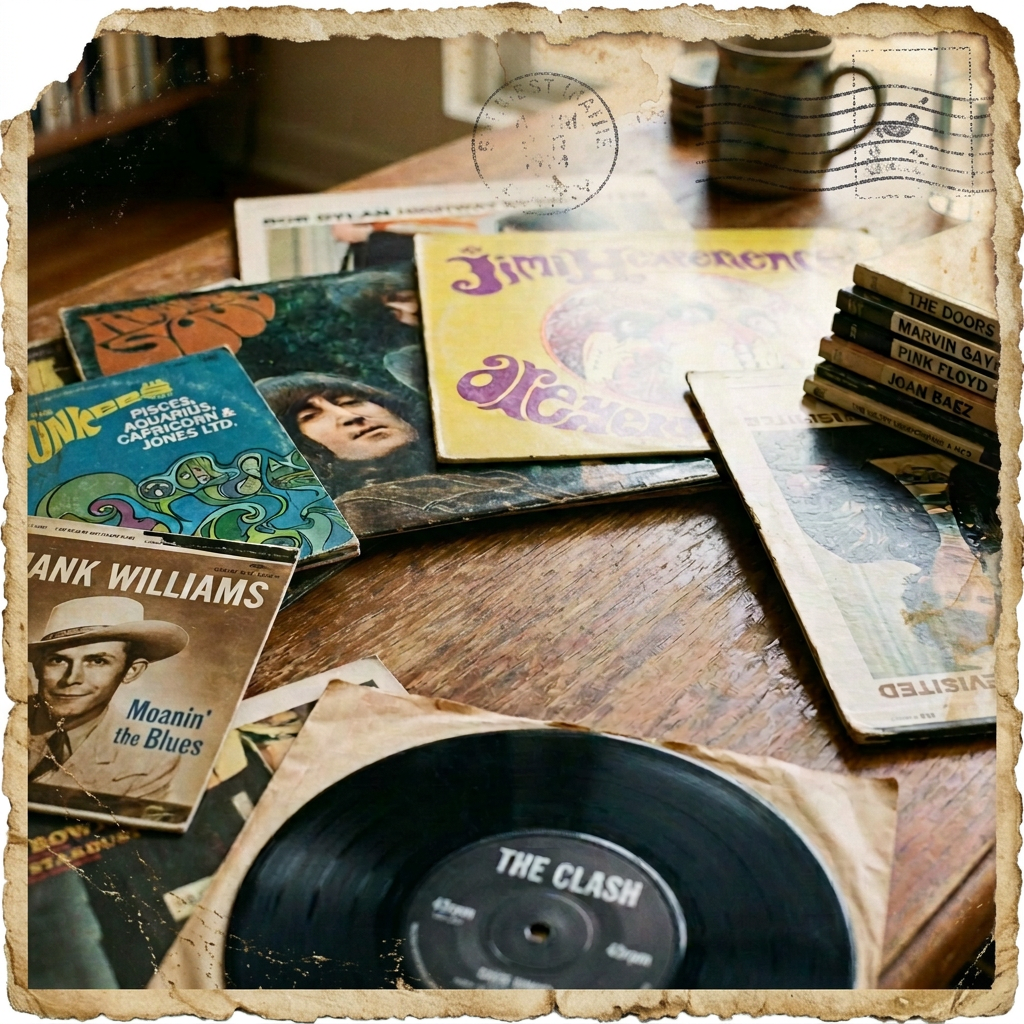 Vinyl records including The Beatles, Jimi Hendrix, and The Clash with a Los Angeles postcard and a stack of music books