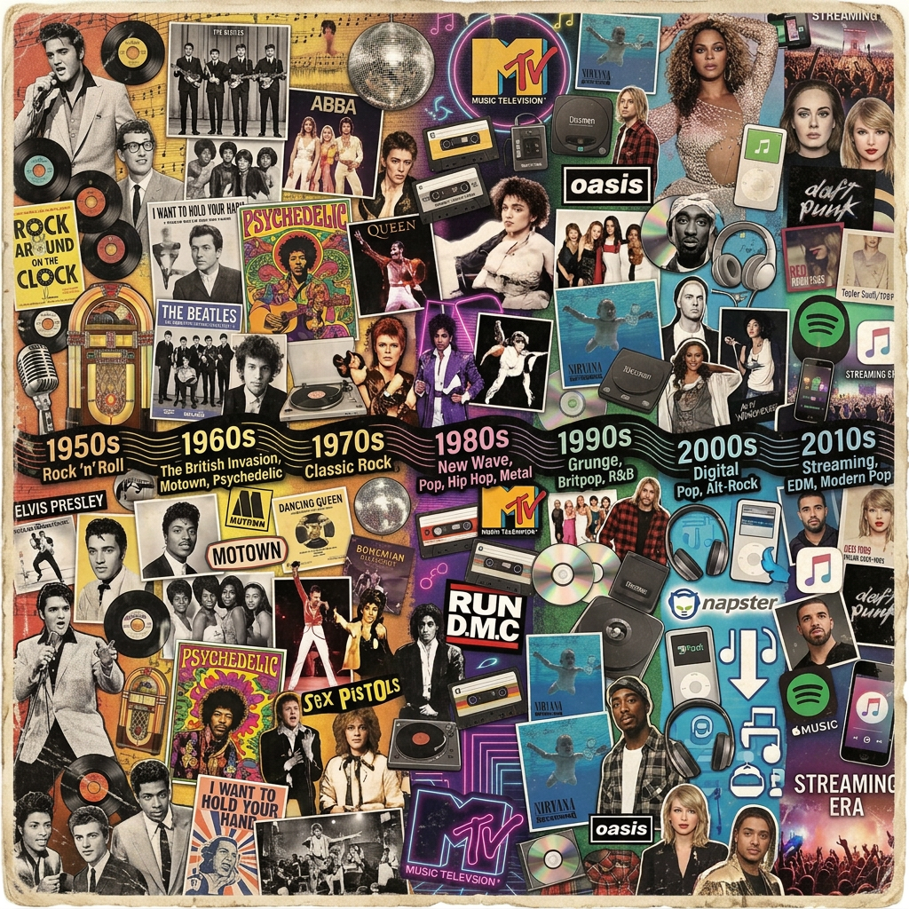 Collage of famous musicians, bands, albums, and music technology from 1950s rock ’n’ roll to 2010s streaming era