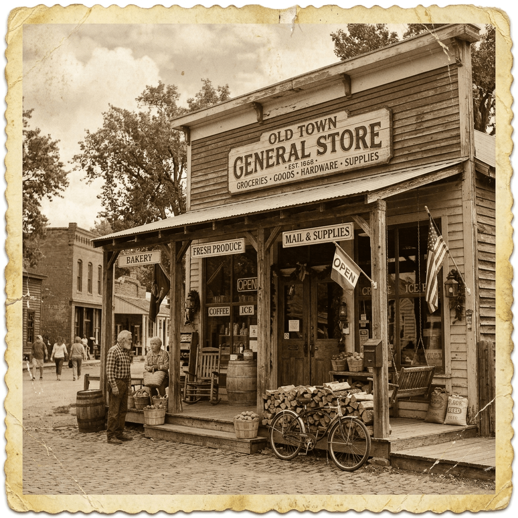 Old town general store with signs for bakery, fresh produce, mail & supplies, and an open flag