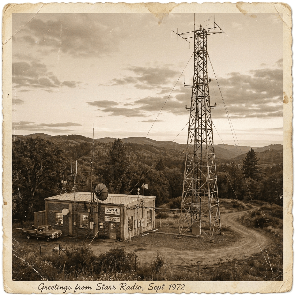 AM/FM transmission station with a tall antenna tower and a nearby building in a forested mountainous area at sunset