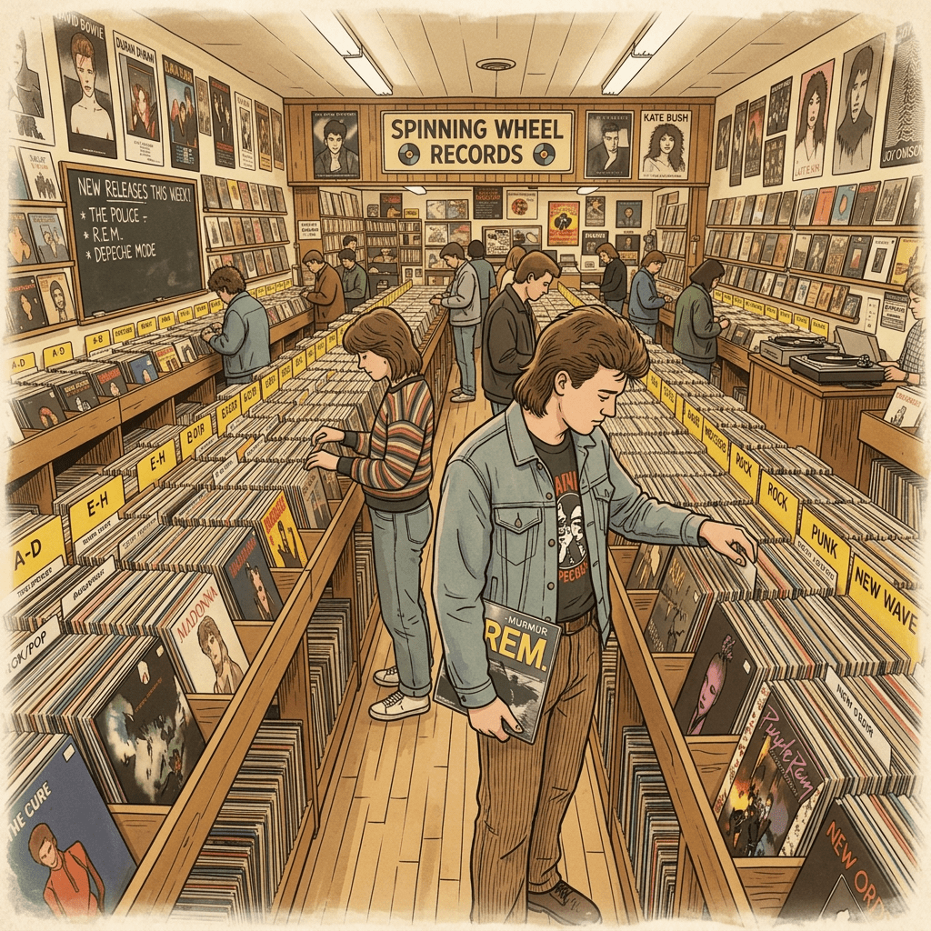People browsing vinyl records arranged by genre and alphabet in a record store