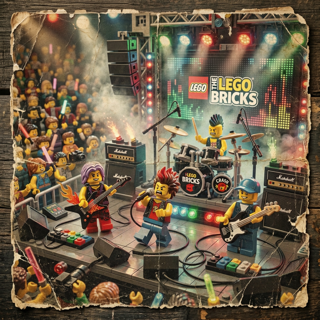 LEGO rock band with singer, guitarist, bassist, and drummer performing on illuminated stage